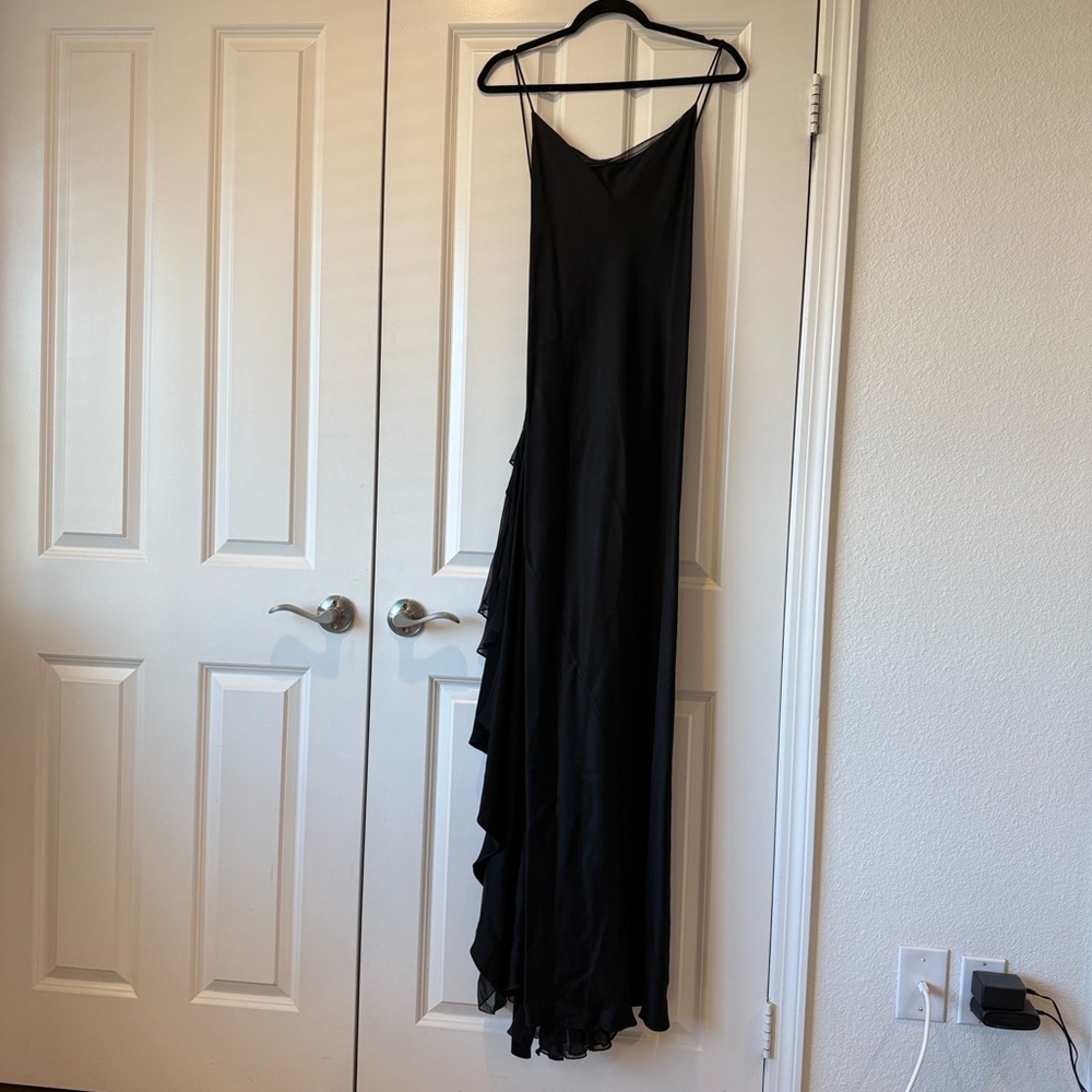 Donna Karan Black Satin Slip Maxi with Cascading Side Ruffles